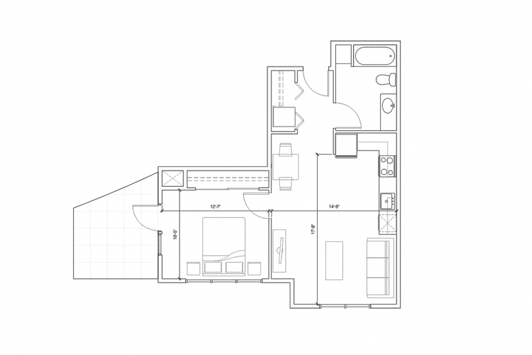 Floor plan for 1 bed, 1 bath, 623 sqft
